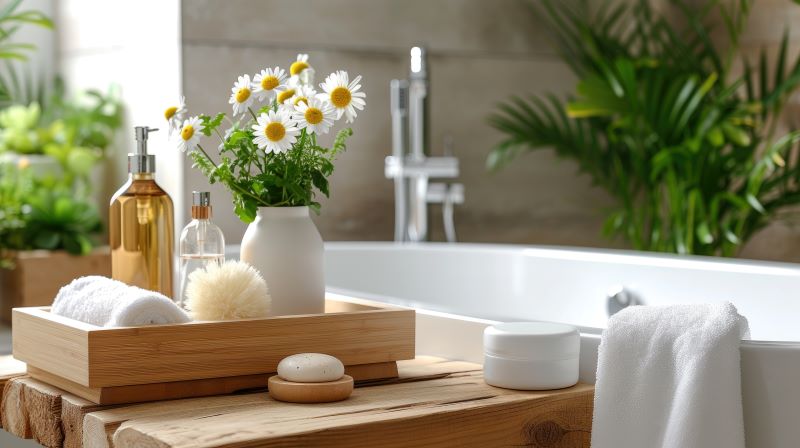 springtime bathroom renovations; daisies in white vase on wooden tray next to white bathtub