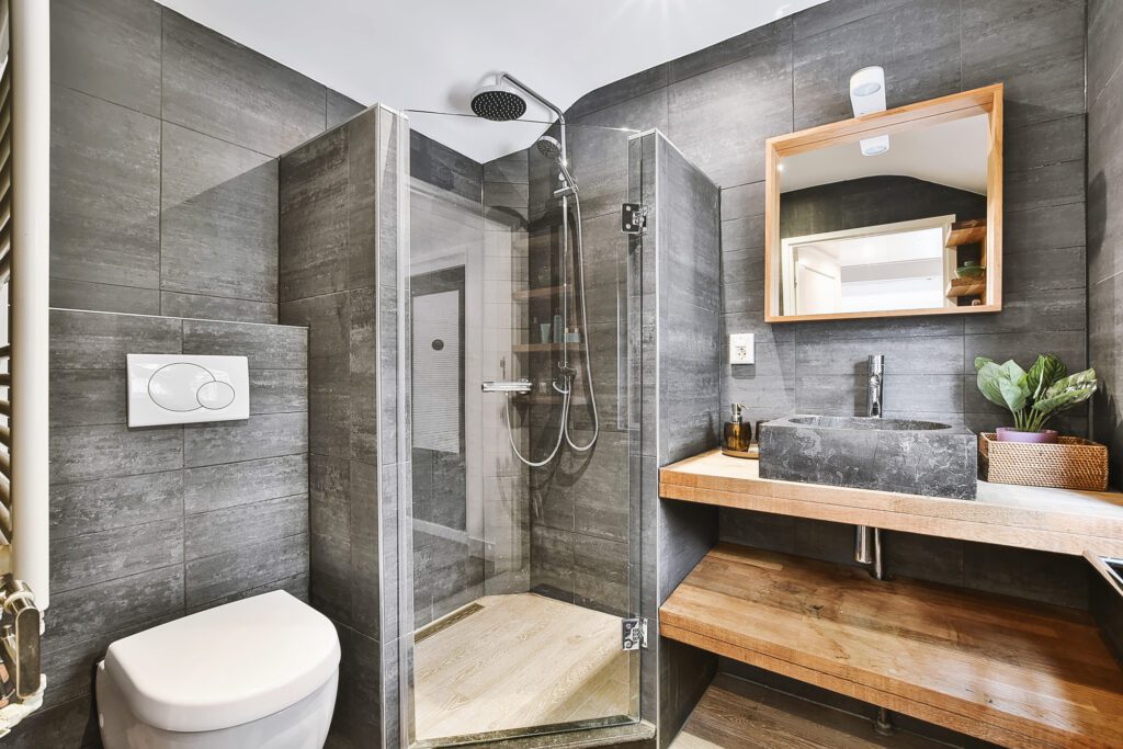 corner shower and modern vanity