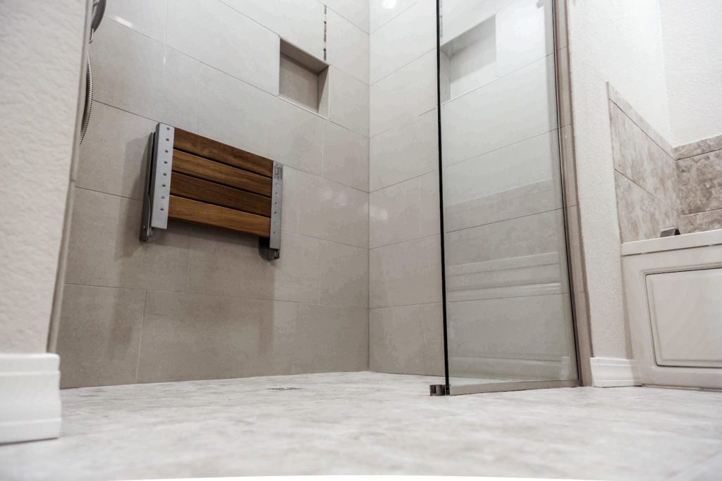 walk-in shower ideas tile with folding chair