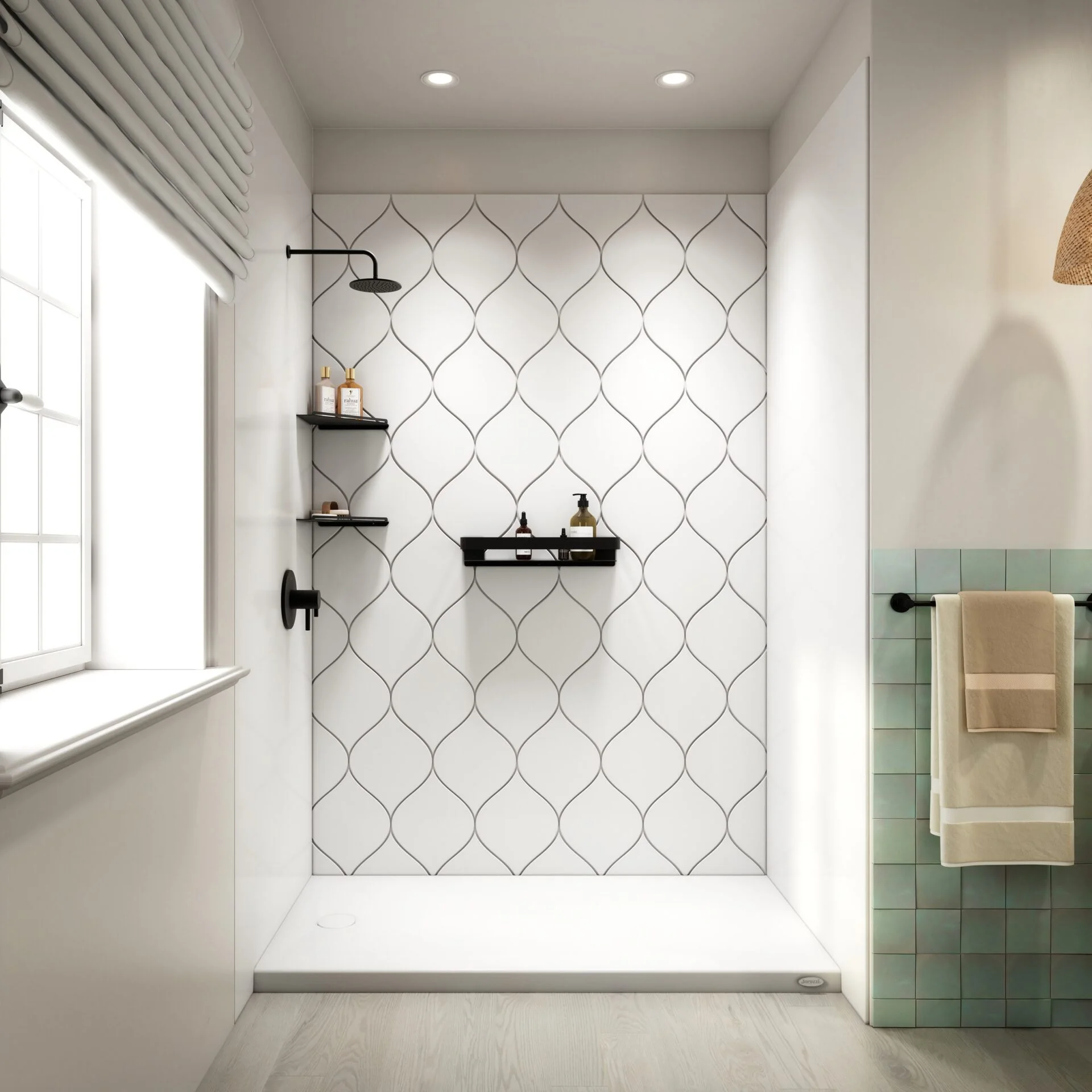 walk in shower with white surround and elegant design
