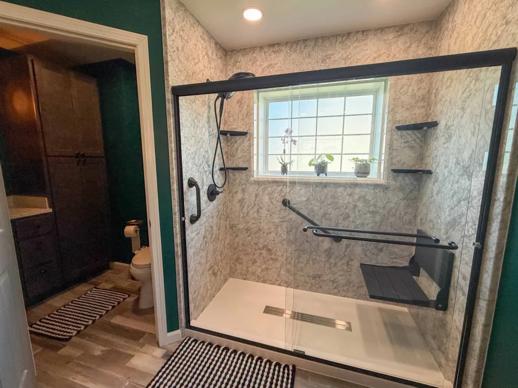 Contemporary bathroom with a relaxing freestanding tub and stylish shower area.