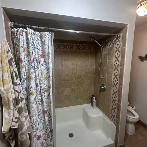 Unusable jetted tub and dated wall tile before the downstairs bathroom remodel in Crown Point.