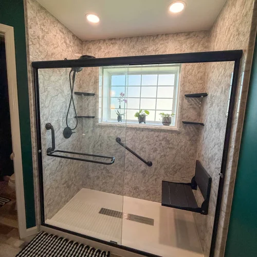 Contemporary bathroom with a spacious layout and practical storage solutions.
