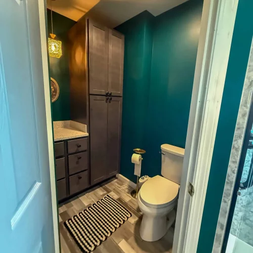 Bright bathroom remodel with a spacious shower and modern design elements.